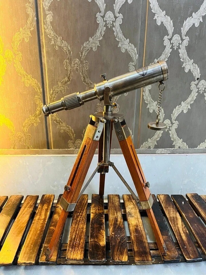 Vintage Style Brass Telescope with Wooden Tripod Stand Nautical Home Decor Gift