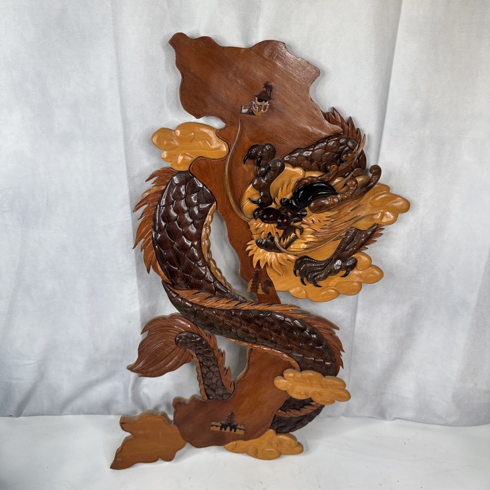 Vintage Handcrafted Wooden Wood Intarsia 3D Wall Hanging Dragon Asian Dojo Decor Vintage Handcrafted Wooden Wood Intarsia 3D Wall Hanging Dragon Asian Dojo Decor