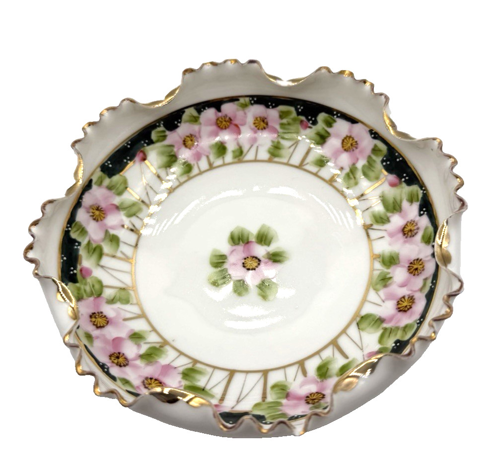Nippon 3 Footed Handpainted Bowl Vintage Floral Gold Scalloped Edges Japan