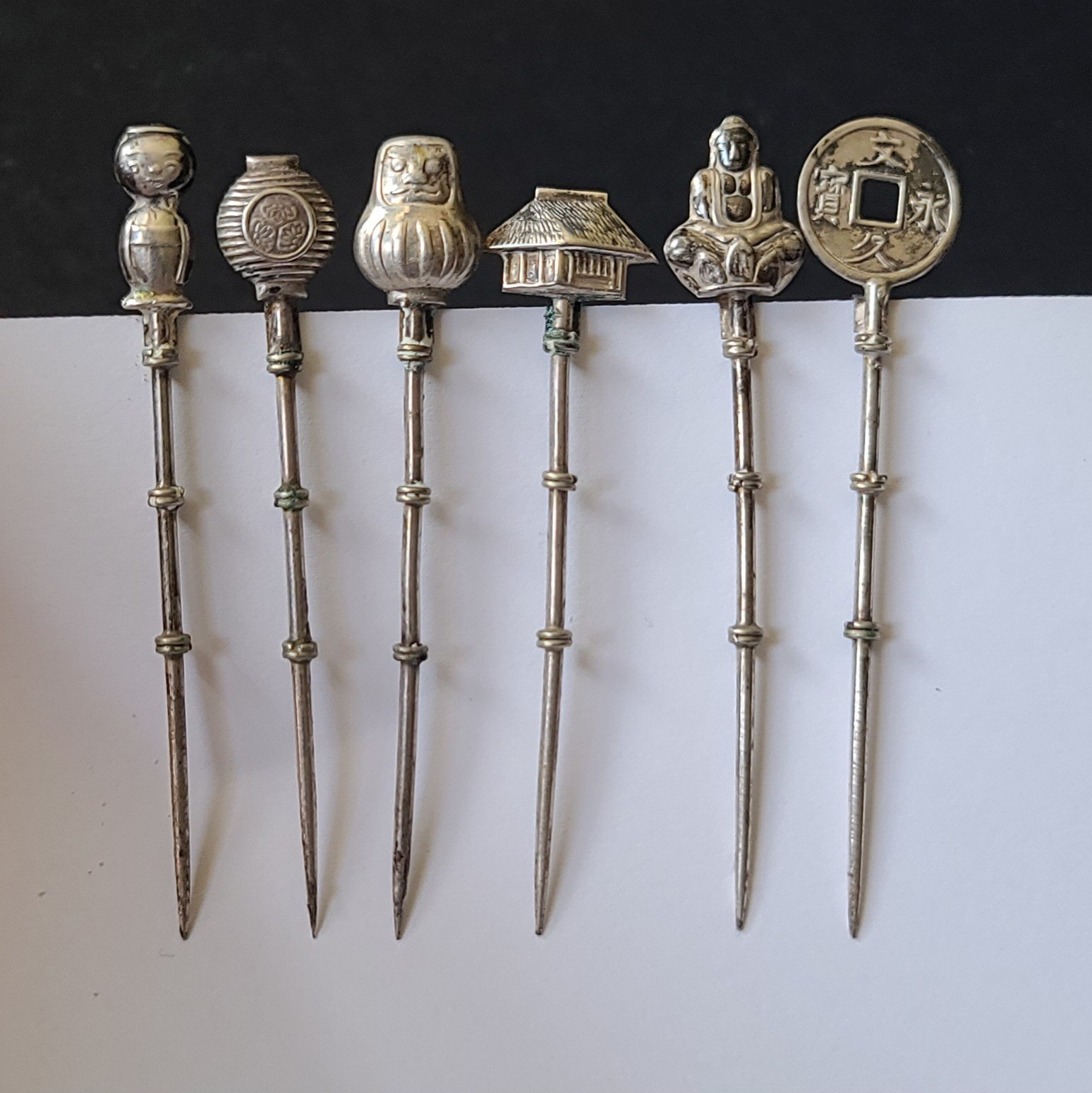 Lot 6 Vintage Japanese Sterling Silver 950 Figural Cocktail Picks MCM 15.7gm Lot 6 Vintage Japanese Sterling Silver 950 Figural Cocktail Picks MCM 15.7gm