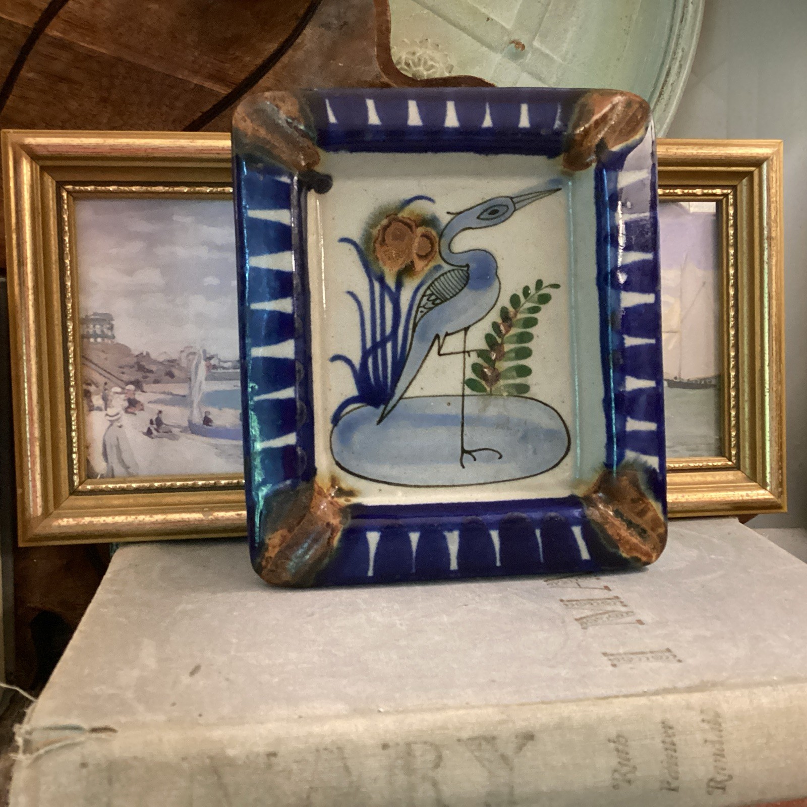 Vtg Tonala Mexican Folk Art Pottery Ashtray Square Plate Dish Blue Heron Bird Vtg Tonala Mexican Folk Art Pottery Ashtray Square Plate Dish Blue Heron Bird