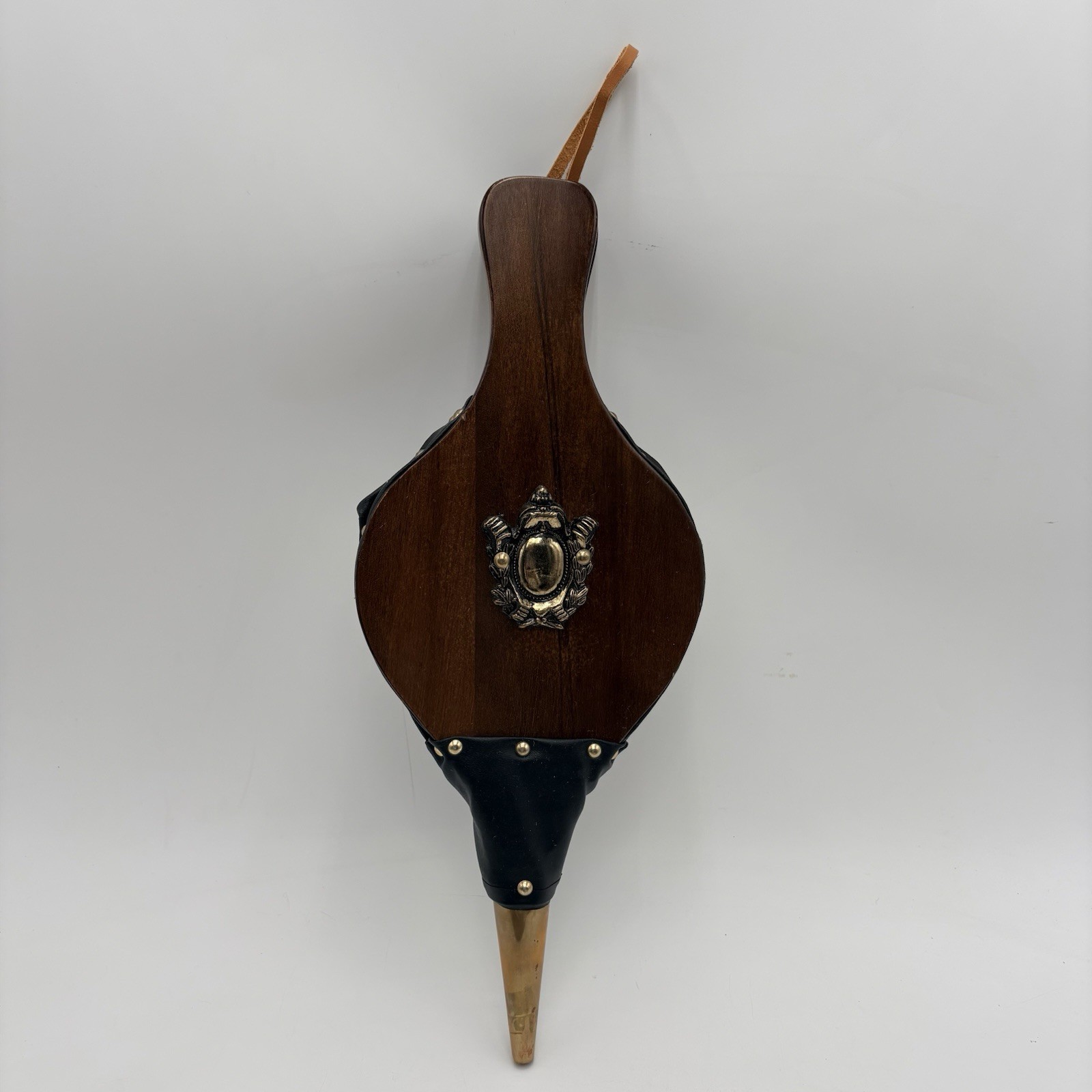 Vintage Fireplace Woodstove Bellows Blower Wood Leather Brass Eagle Crest 16
