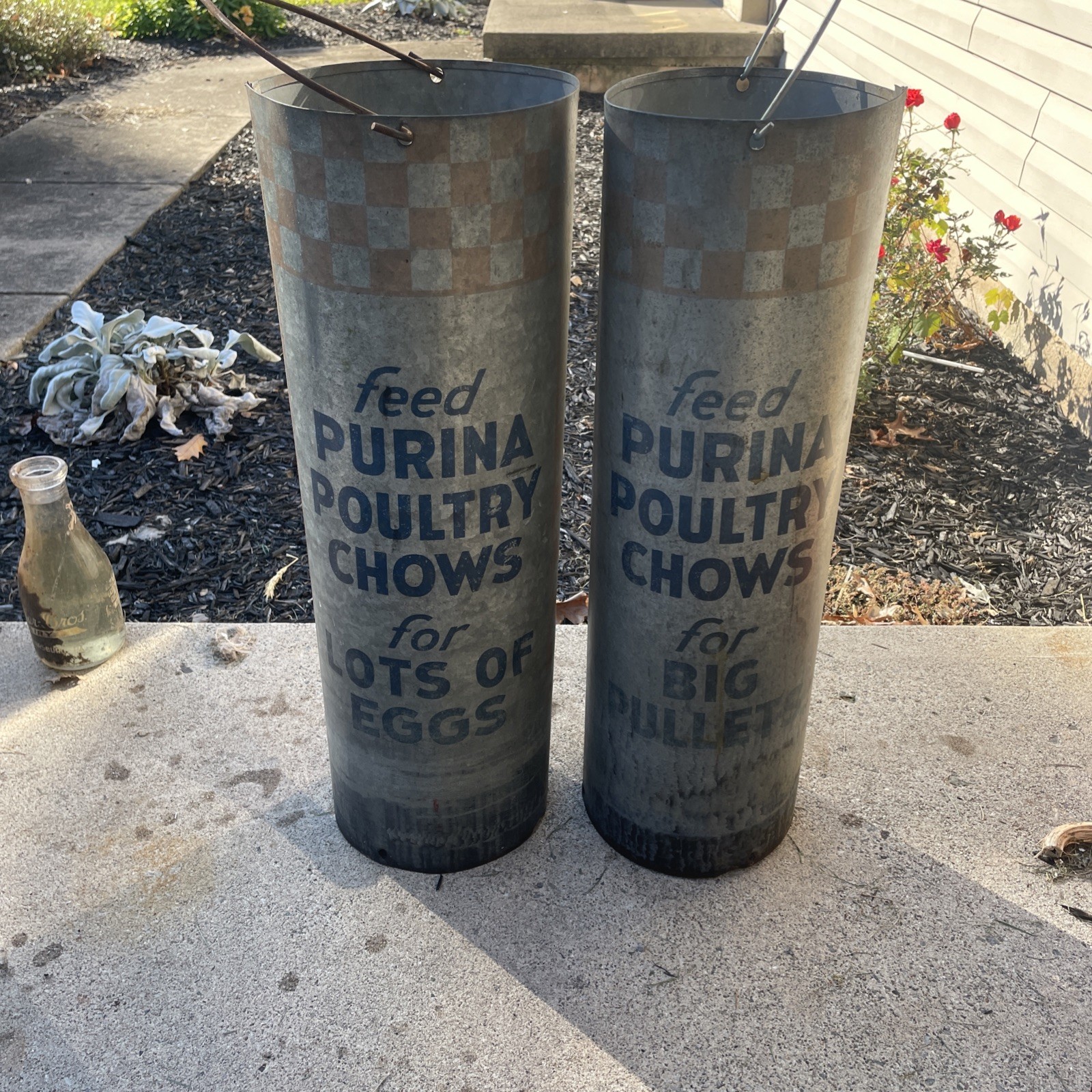 2 PURINA POULTRY CHOWS Tube Feeder Feed Seed Farm Advertising Sign vintage 