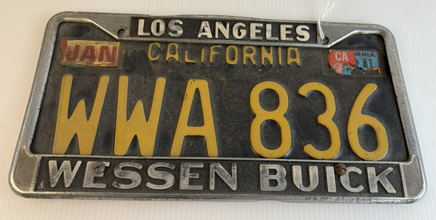 Vtg California Black License Plate WIA 836 w/ Wessen Buick LA Dealer Frame