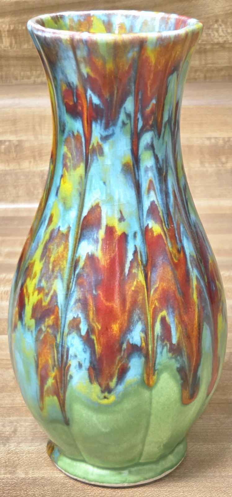 Vintage Mid Century 60s 70s Splatterware Drip Glaze Ceramic Vase Blue Green Red 