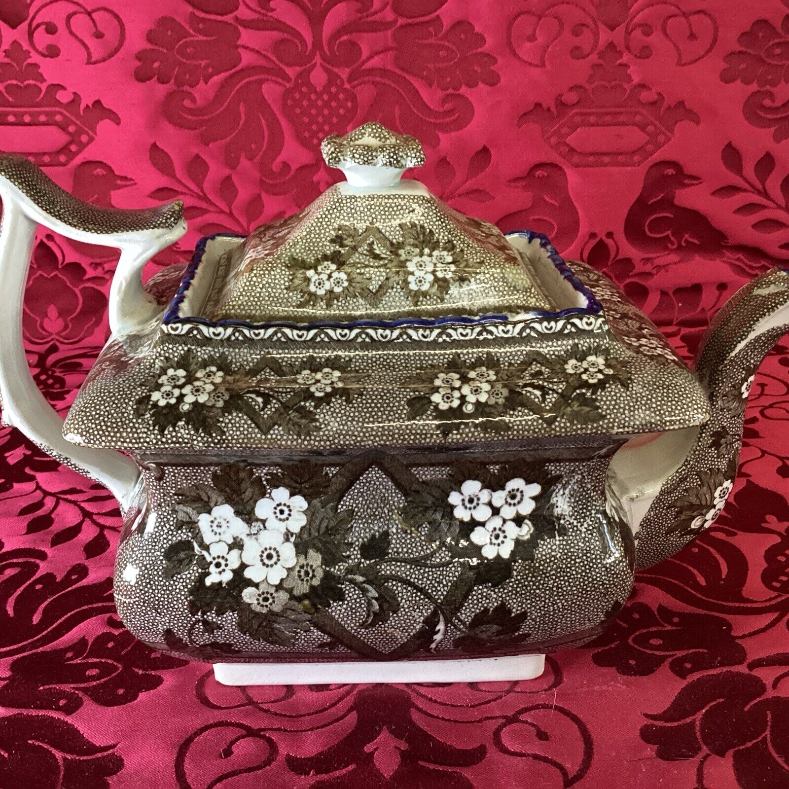 Antique Stubbs or Spode Pearlware Brown Transferware Tea Pot Staffordshire