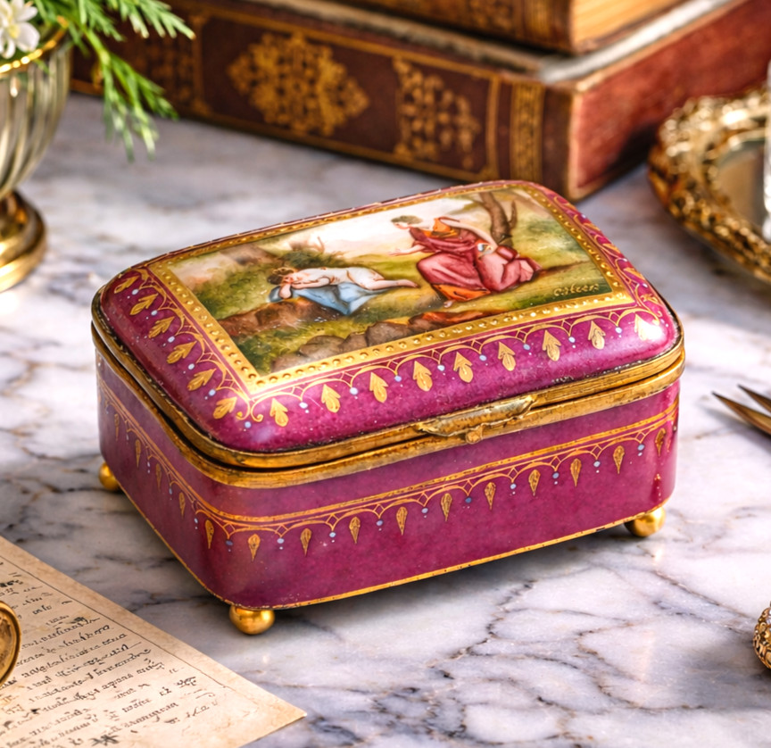 Neoclassical High Quality Hand Painted Antique Porcelain Trinket Jewelry Box Neoclassical High Quality Hand Painted Antique Porcelain Trinket Jewelry Box