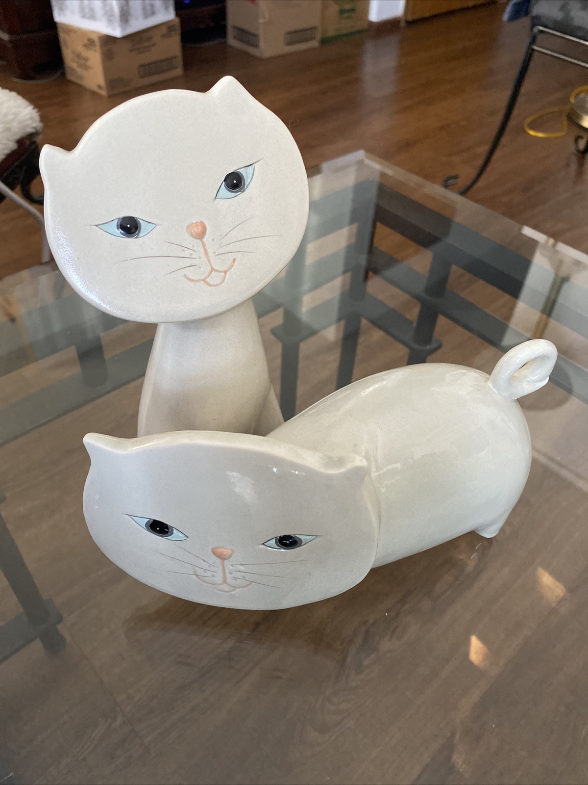 VTG MCM Porcelain Flat Face Cat Set of 2 Unique Figurines