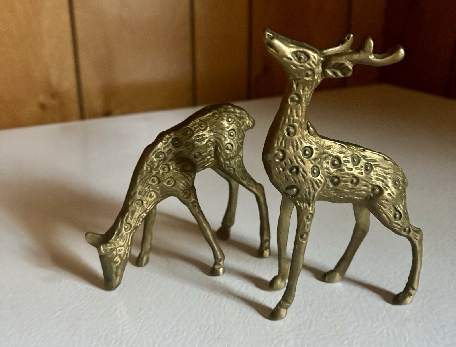 Vintage Solid Brass Pair of Deer. Buck with A Grazing Doe. 6 Inches Tall. Tall