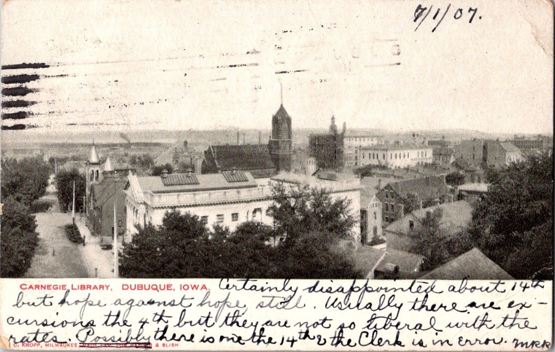 Postcard Carnegie Library Dubuque Iowa Aerial View Posted 1907 