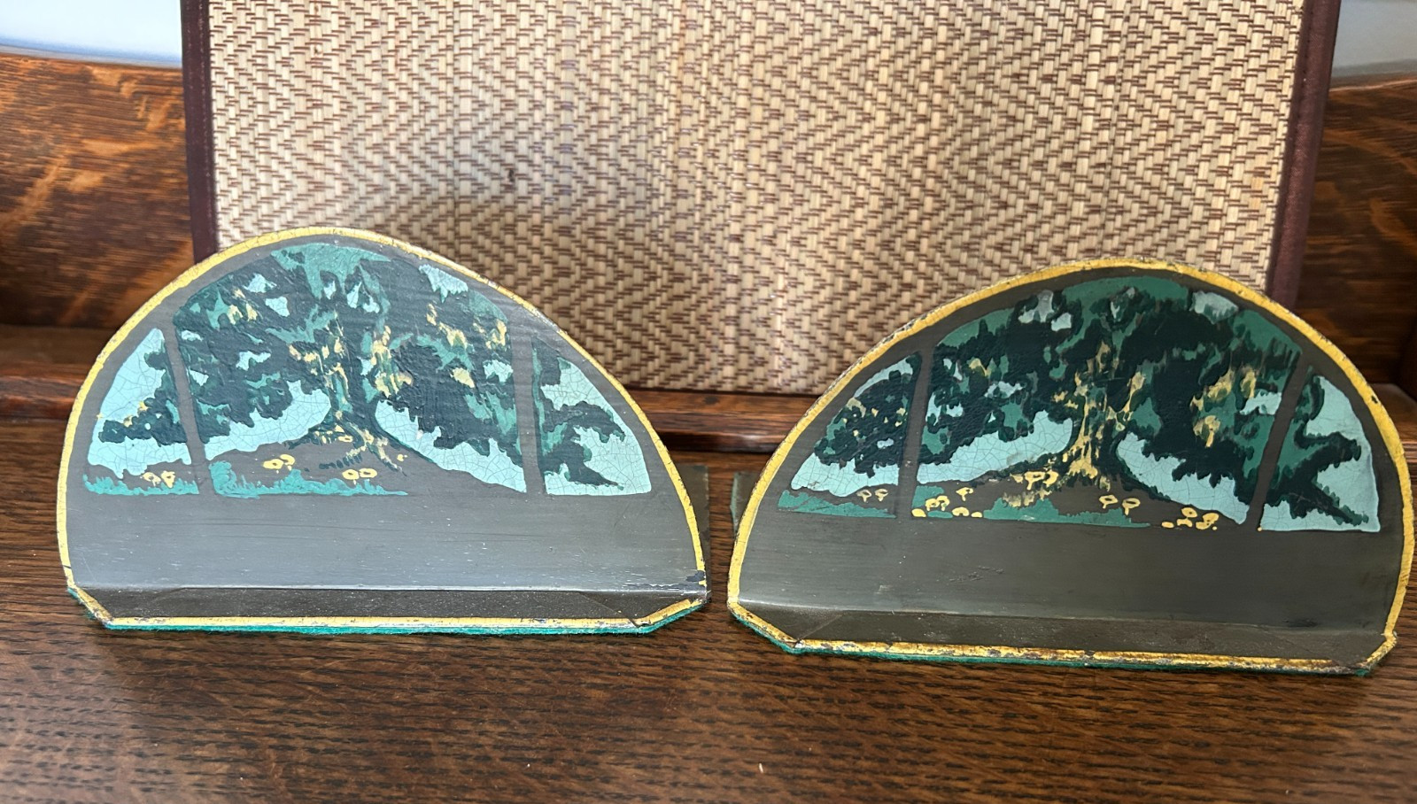 ANTIQUE ARTS & CRAFTS Painted Bookends Unique Tree Design ANTIQUE ARTS & CRAFTS Painted Bookends Unique Tree Design