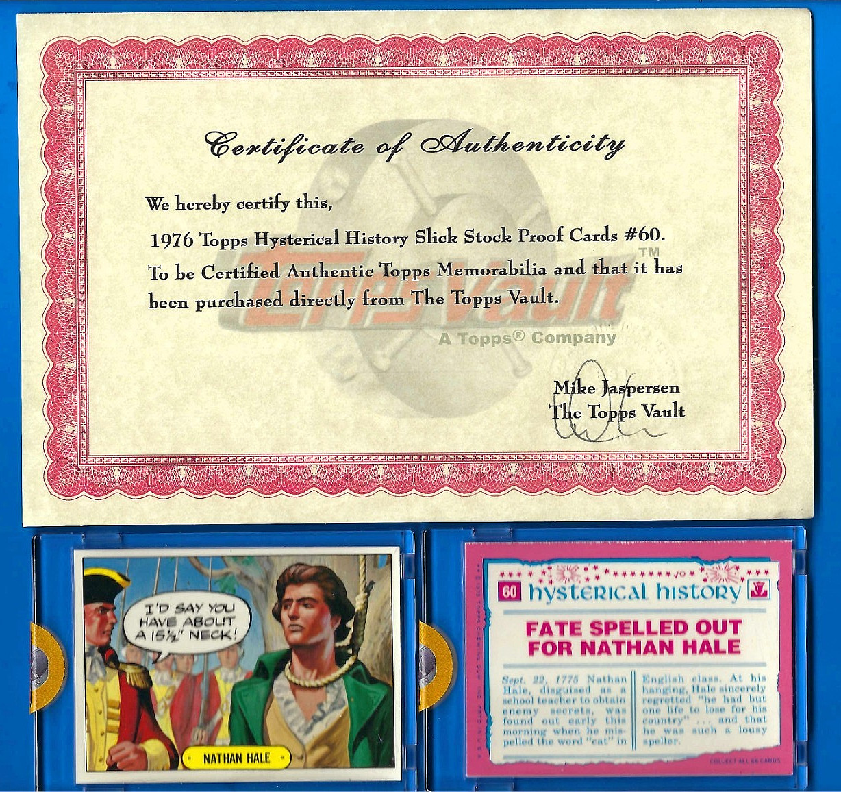 1976 TOPPS VAULT HYSTERICAL HISTORY FINISHED SLICK PROOFS FRONT & BACK #60 W/COA