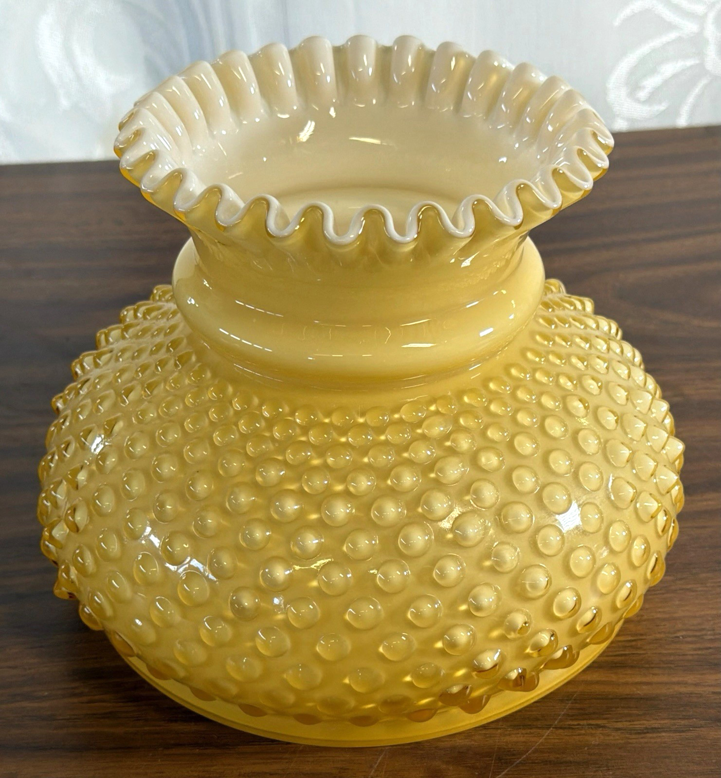 Vintage Amber Honey Hobnail Lamp Shade Ruffle Rim Hurricane Encased Milk Glass