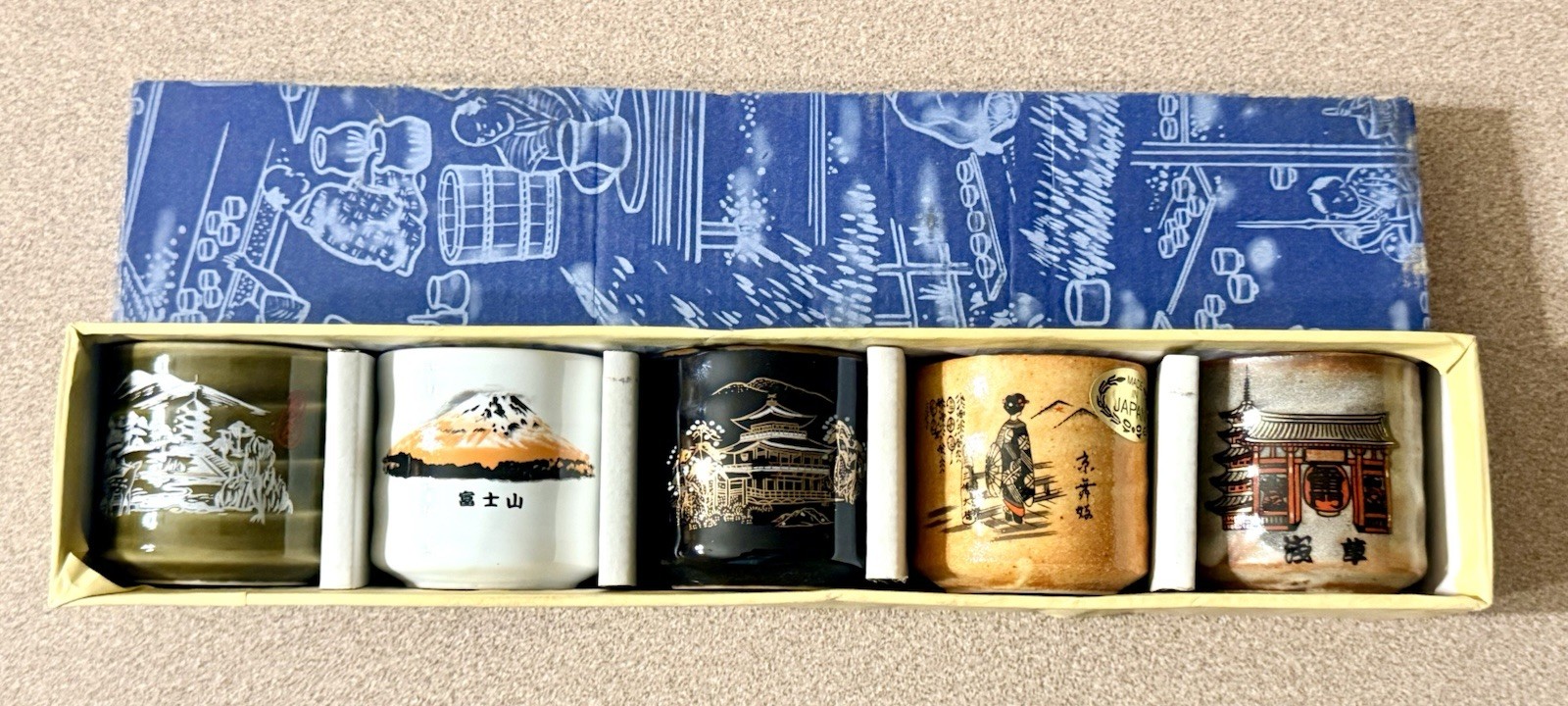 VTG Japanese Ceramic Sake Cups Set 5 New Old Stock Box Mt Fuji Geisha Japan NOS