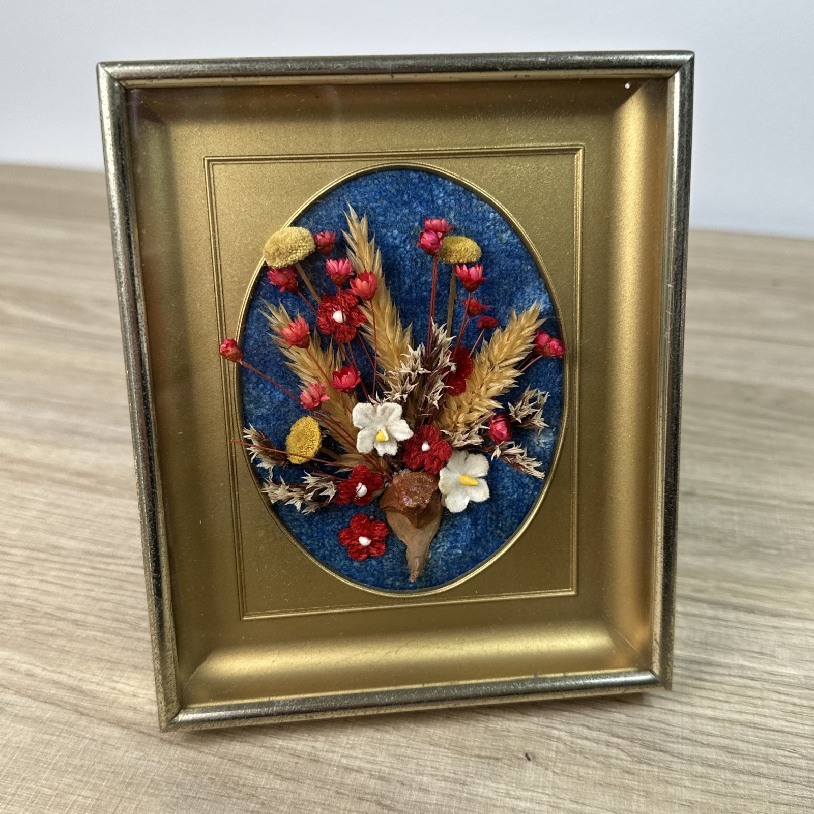 Vintage Dried Flower Shadow Box Art - Gold Frame - 3D Floral Wall Cottagecore