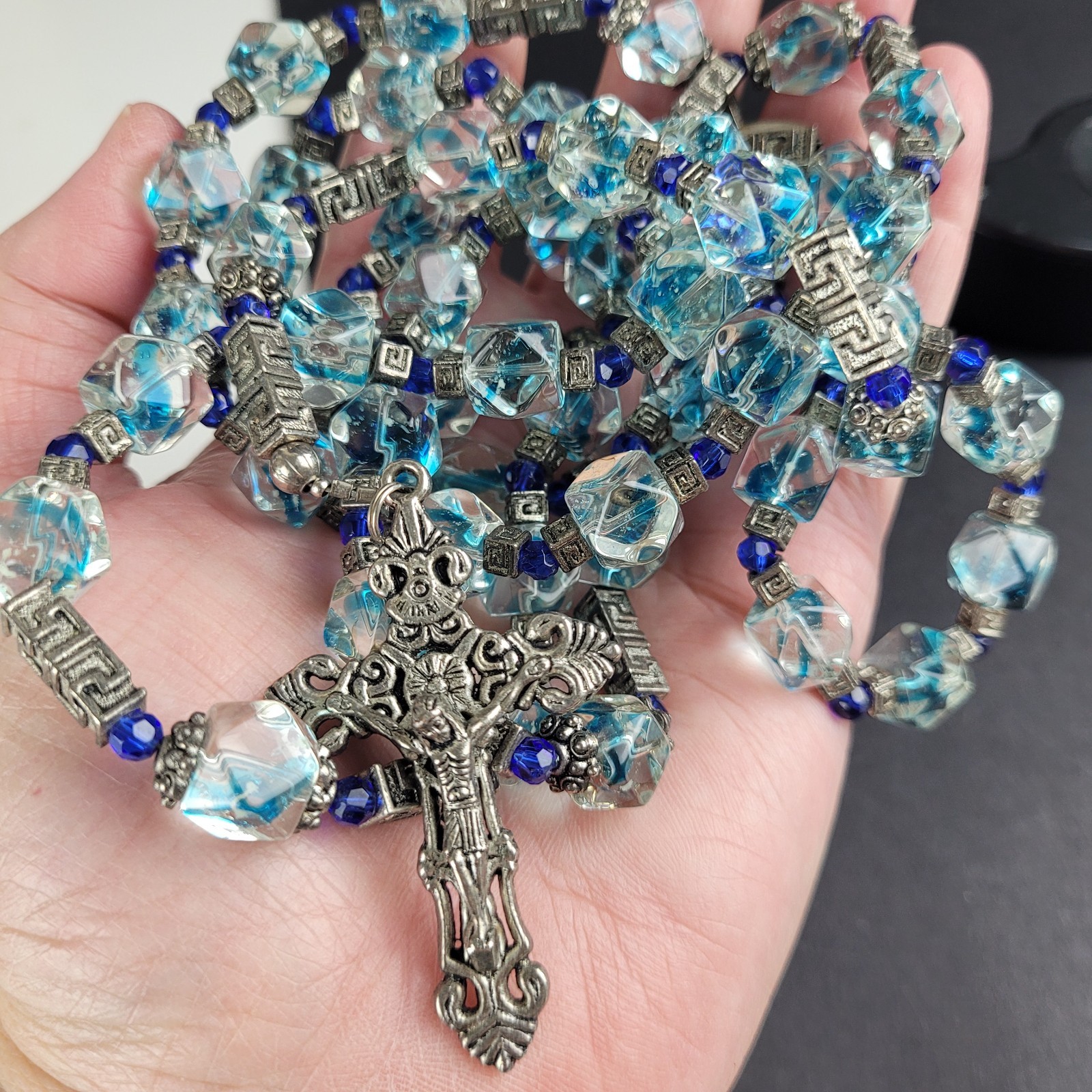 Vintage Clear Blue Stripe Cube Rosary The 5 Glorious Mysteries Extra Long READ