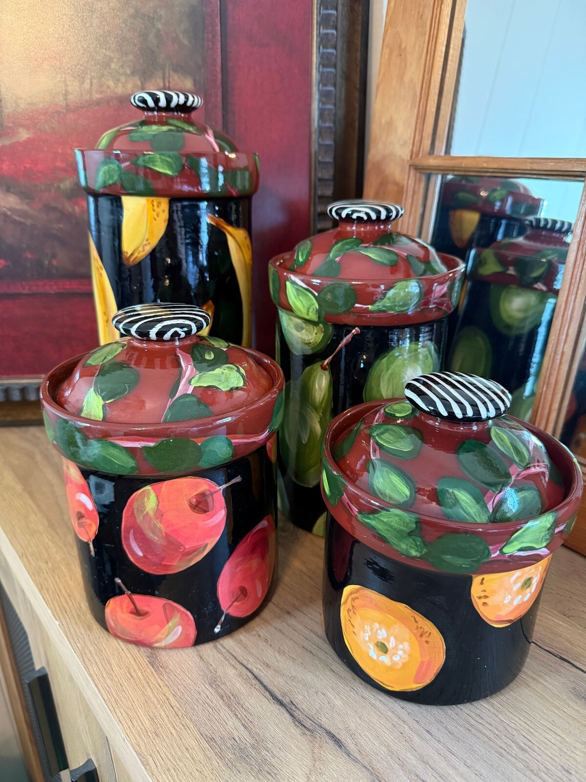 Vintage Droll Designs Hand-Painted Fruit Ceramic Canisters Vintage Droll Designs Hand-Painted Fruit Ceramic Canisters