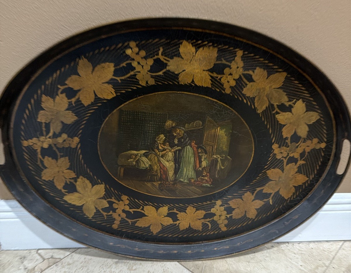 Antique 19thC Victorian Papier-Mâché Serving Large Tray After George Morland Antique 19thC Victorian Papier-Mâché Serving Large Tray After George Morland