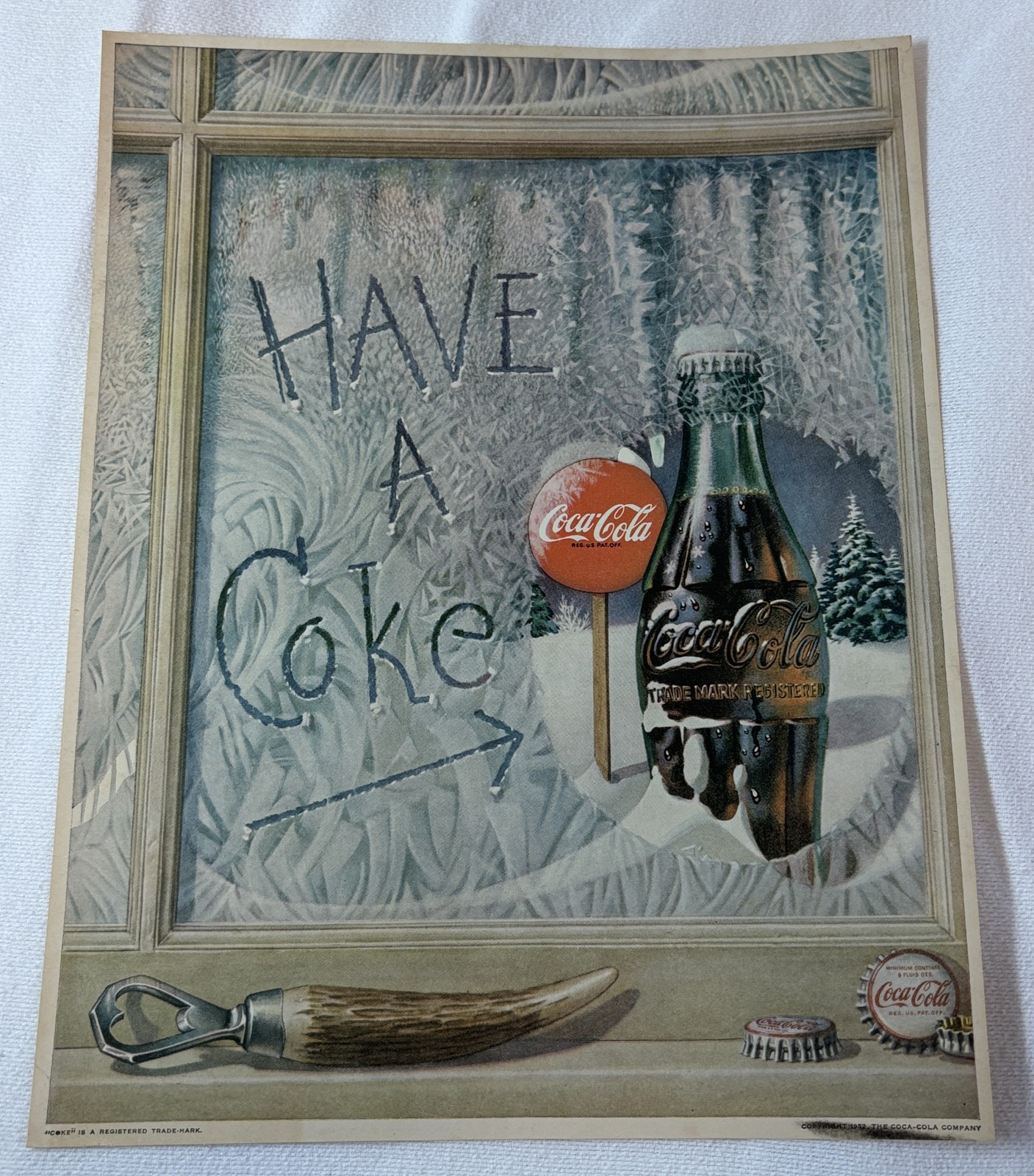 1952 Coca-Cola ad page ~ HAVE A COKE Bottle In The Snow From Window