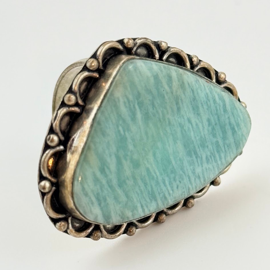 Vtg 925 Sterling Silver Blue Stone Large Ring Scrollwork Sz 8.5 Southwestern