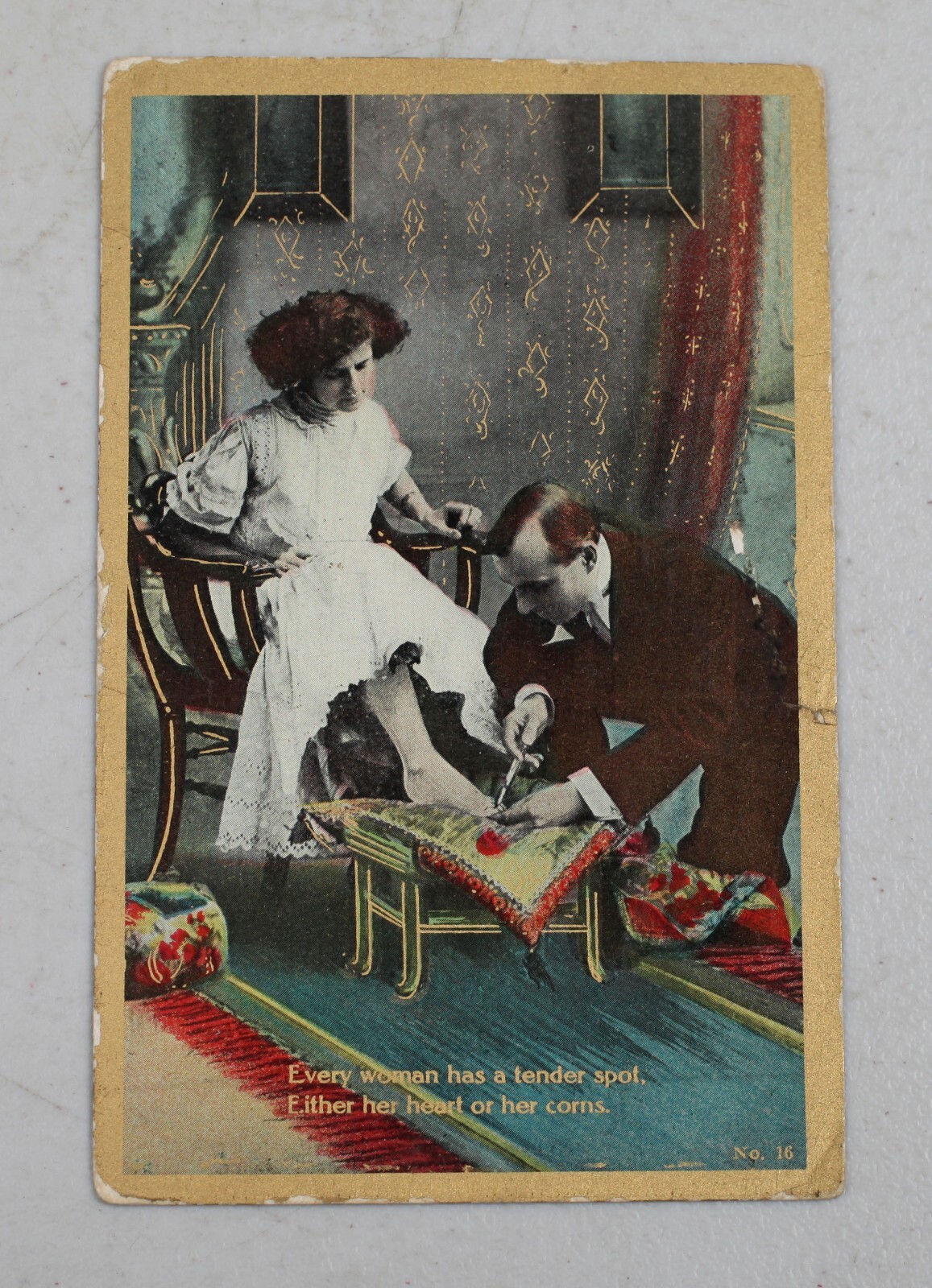 Vintage Odd Postcard 1906 Woman\'s Tender Heart or Corns Man Serving Pedicure