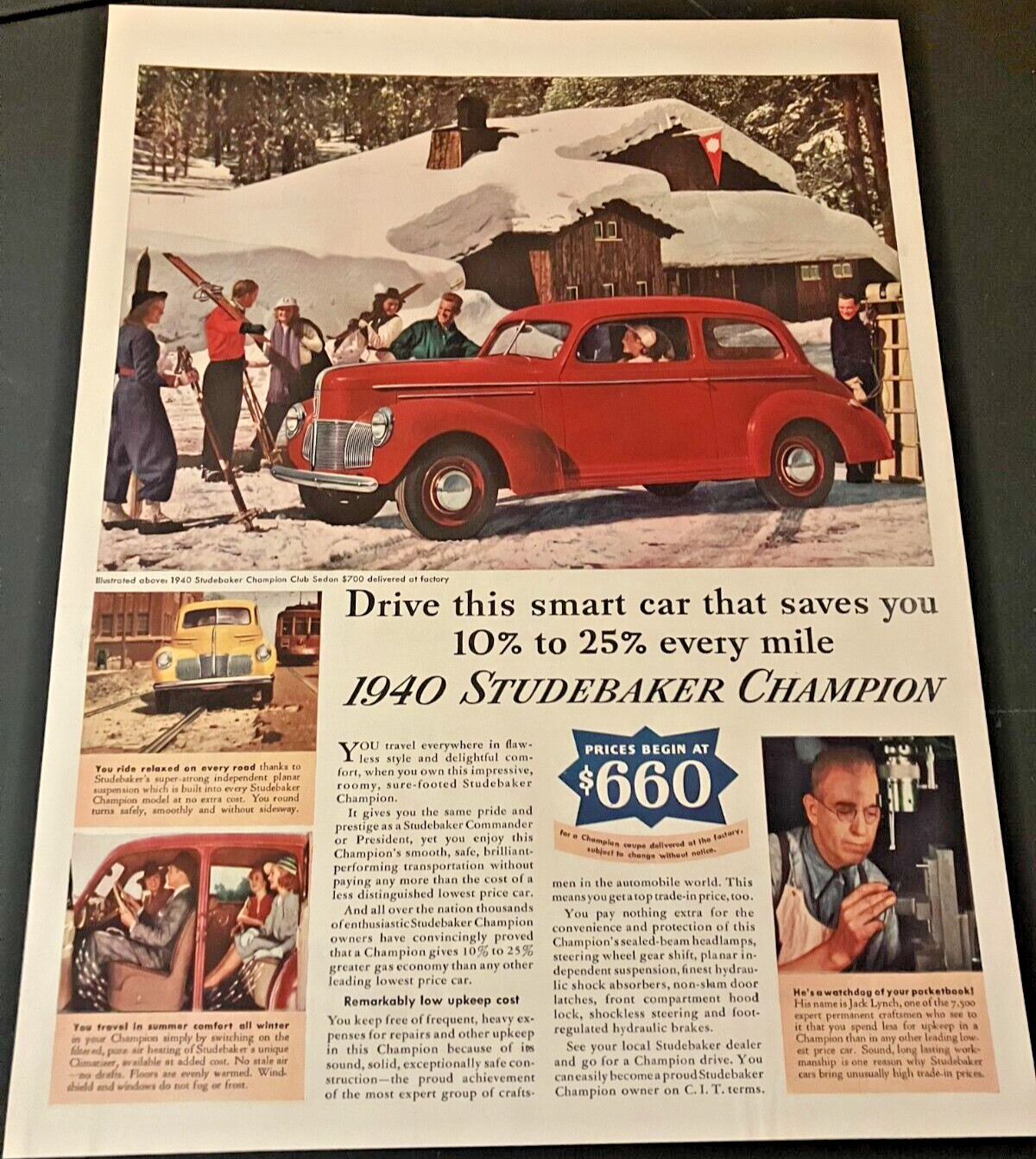 Red 1940 Studebaker Champion Sedan - Vintage Original Color Print Ad / Wall Art