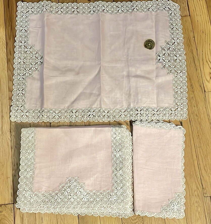 Vintage Pink Hand Drawn-Thread Runner 6 Placemats Napkins Set Spain Museum Made