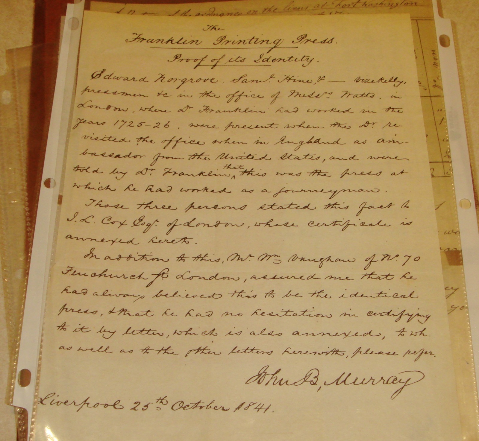 1841 document is about Benjamin Franklin’s printing press 1841 document is about Benjamin Franklin’s printing press