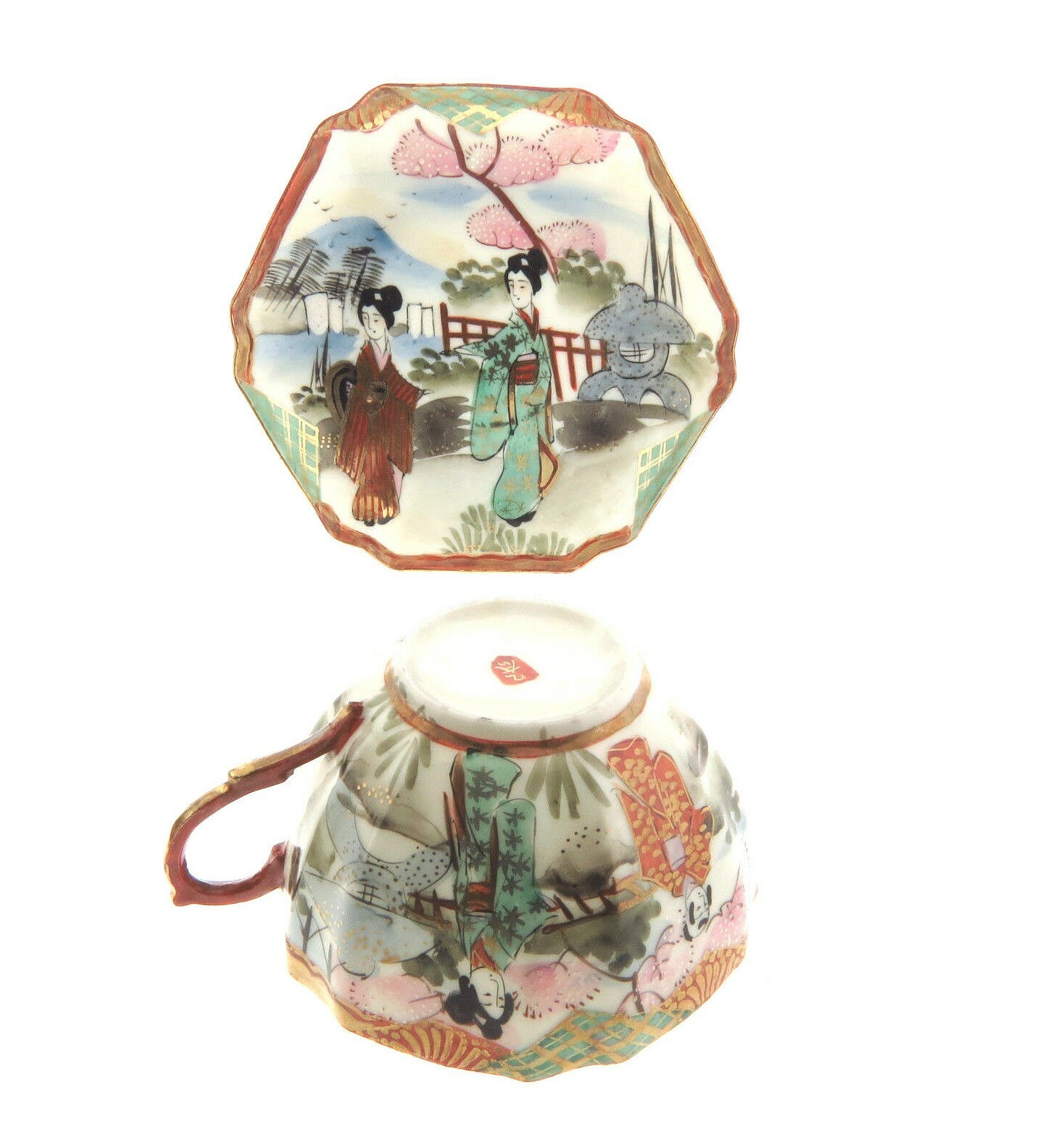 Antique Japanese Tea Cup Saucer Set Geisha Girl Kutani Antique Japanese Tea Cup Saucer Set Geisha Girl Kutani