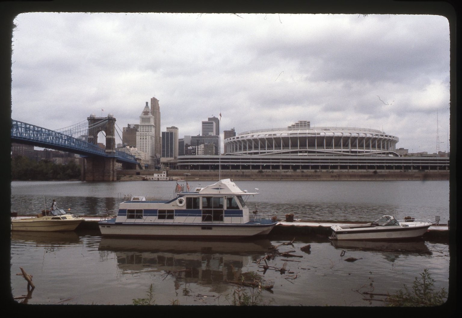 sl47 Slide 1980\'s Cincinnati Ohio Riverfront Stadium Roebling Bridge 460a sl47 Slide 1980\'s Cincinnati Ohio Riverfront Stadium Roebling Bridge 460a
