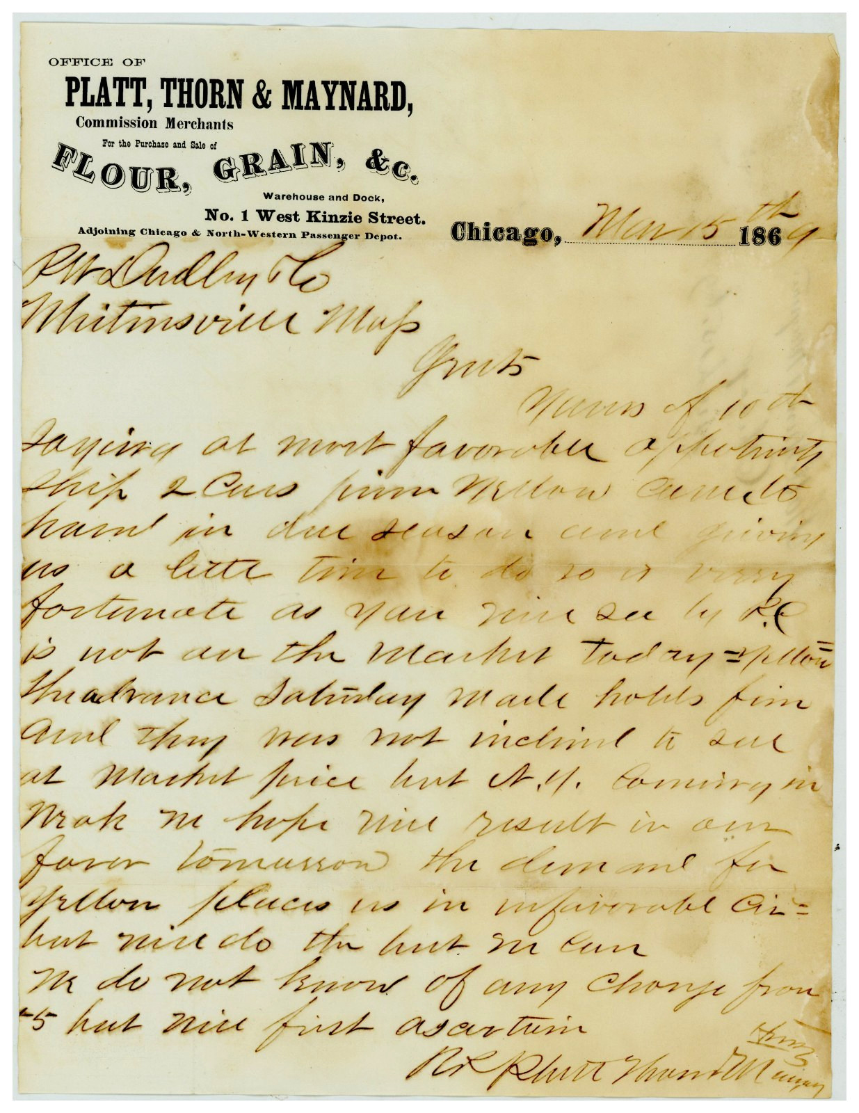 1869 Chicago Letter from Platt, Thorn & Maynard – Flour & Grain Merchants Signed