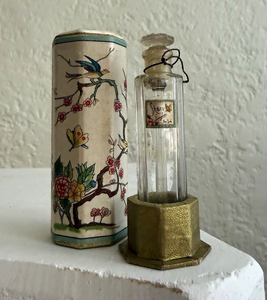 Antique Shari Langlois 1920’s Perfume Vial Silk Floral Case Boudoir Display