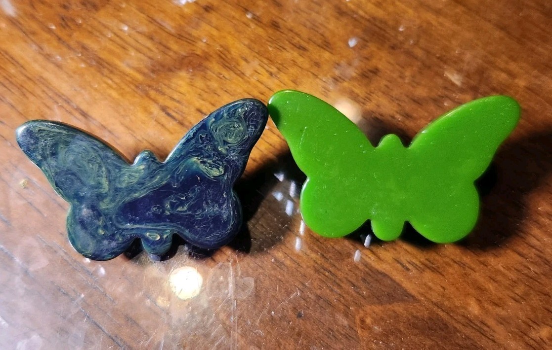 Pair Of Vintage Art Deco Bakelite Butterfly Brooches. Blue Moon, Green