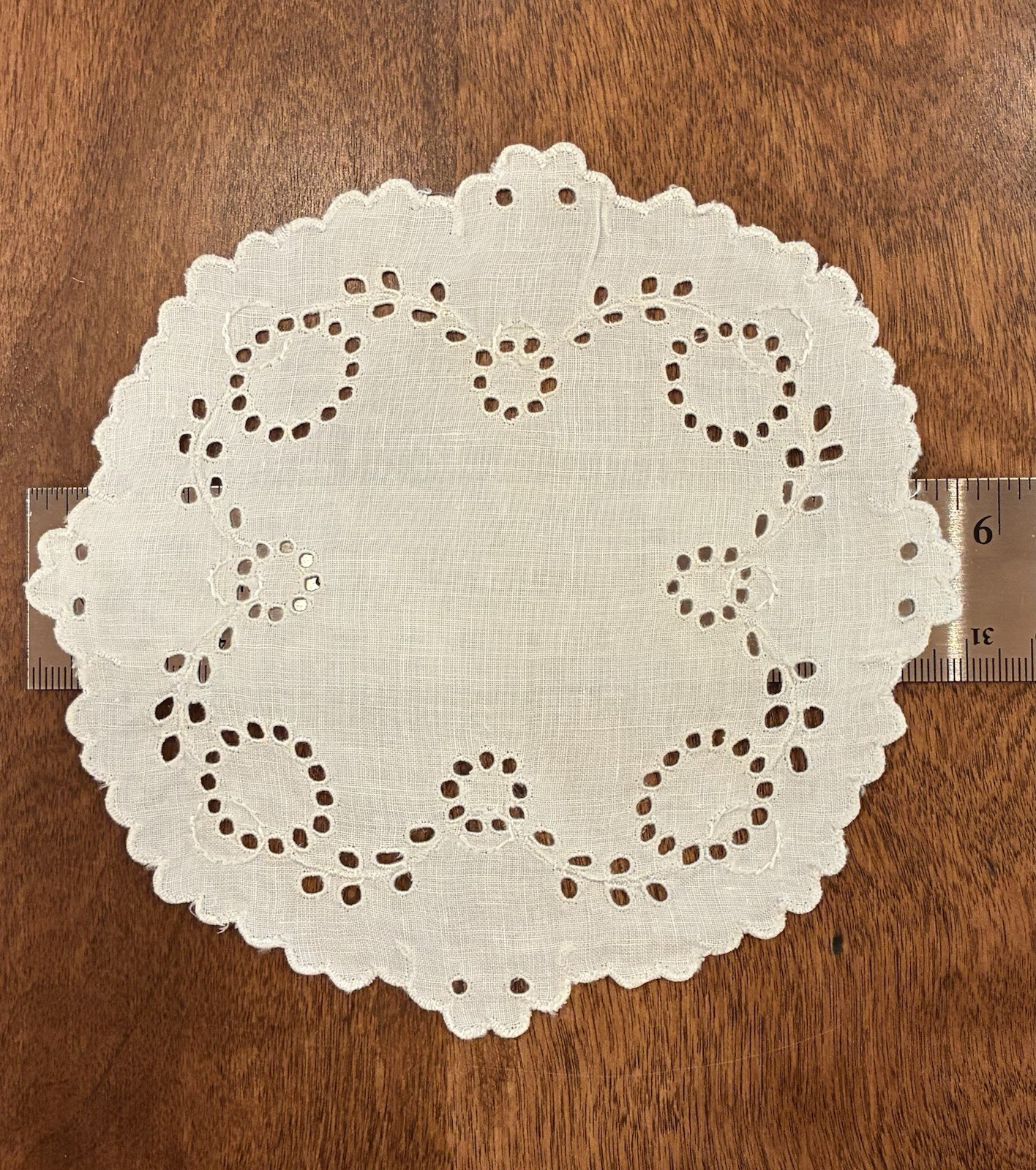 Vintage Handmade Whitework Linen Doilies w/Eyelet Lace Embroidery Scallops 5.75” Vintage Handmade Whitework Linen Doilies w/Eyelet Lace Embroidery Scallops 5.75”