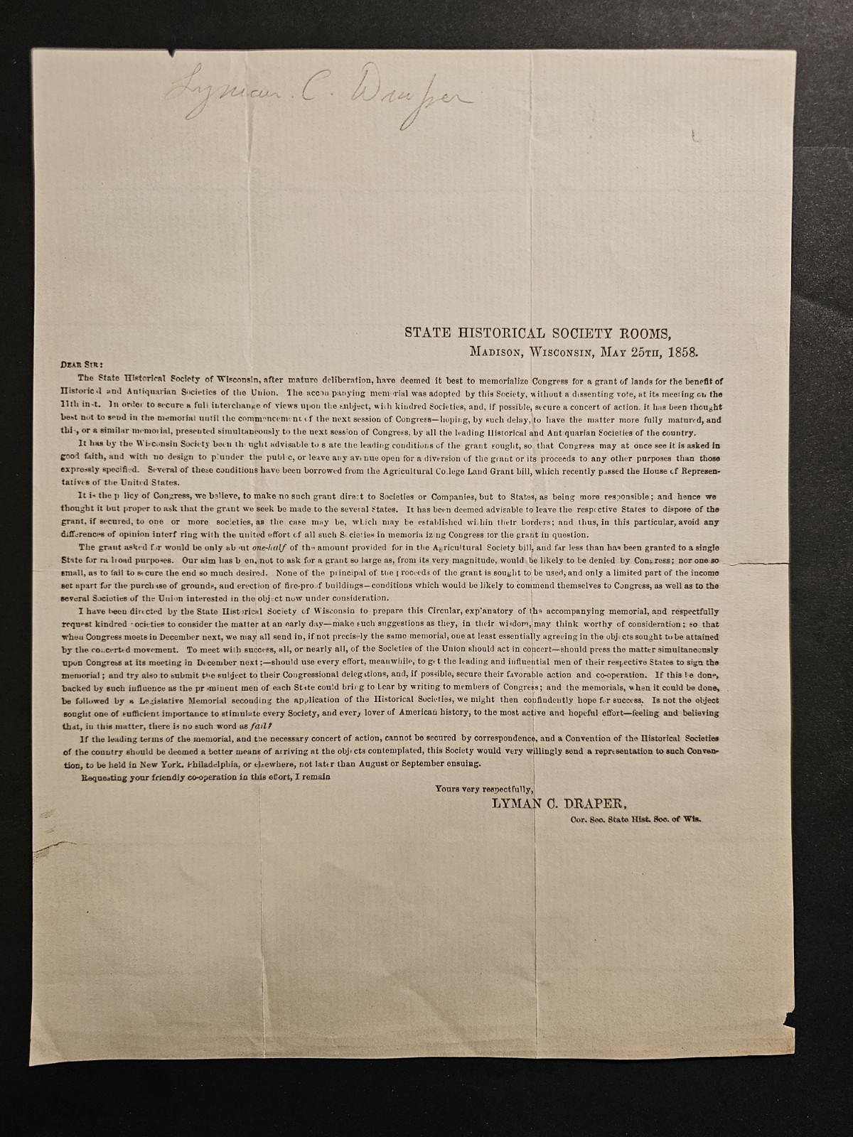 1858 Lyman C. Draper Circular – Early Appeal to Congress for Hist. Societies