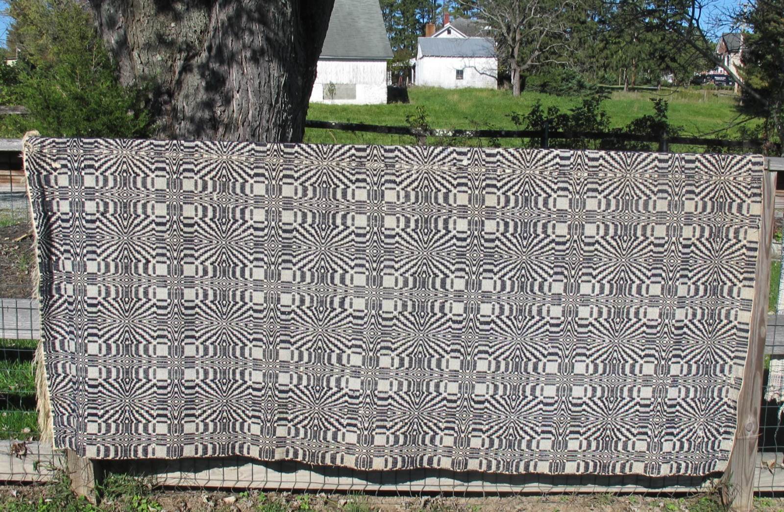 Antique Woven Coverlet Early Navy Blue & Cream 80x96 Textile Hand Made