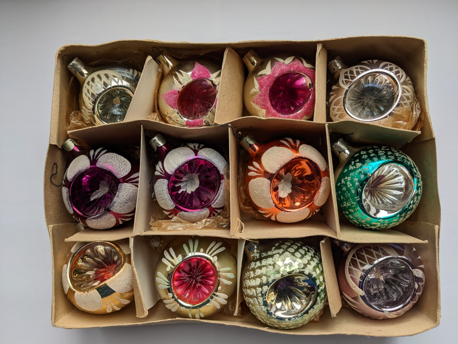 Set 12 Vintage Christmas Ornaments glass balls lanterns in a box Soviet USSR Set 12 Vintage Christmas Ornaments glass balls lanterns in a box Soviet USSR