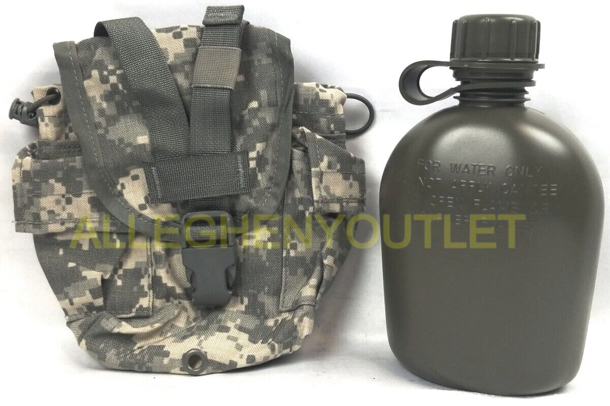 US Military Molle ACU 1 QUART USED CANTEEN COVER w/ NEW 1 QT OD PLASTIC CANTEEN 