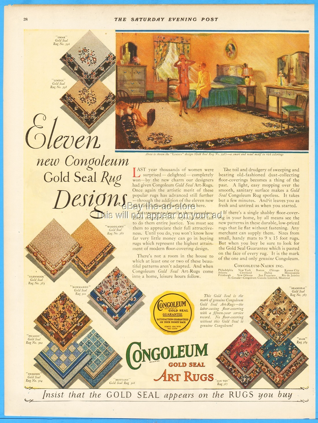1927Congoleum Gold Seal Art Rugs Eleven Designs 1920\'s Girl\'s Bedroom Ad