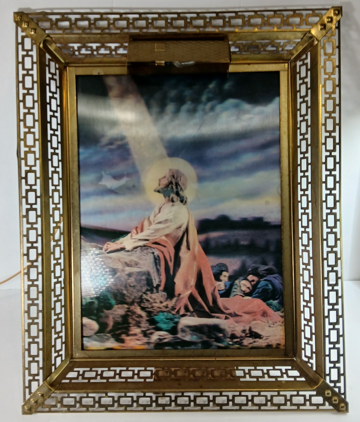 Vintage large lighted metal framed lenticular religious Jesus Gethsemane 3D 