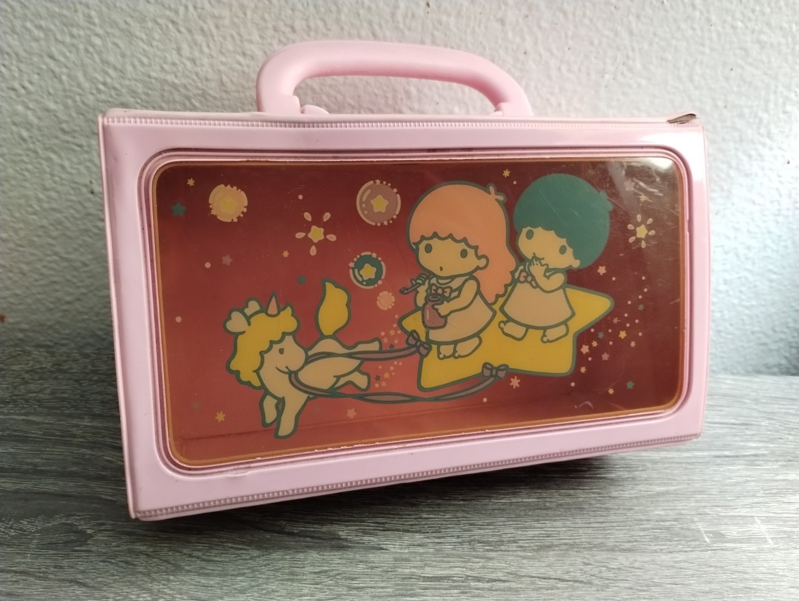 VINTAGE 1989 SANRIO LITTLE TWIN STARS PINK VINYL STORAGE CASE W/ HANDLE (RARE)