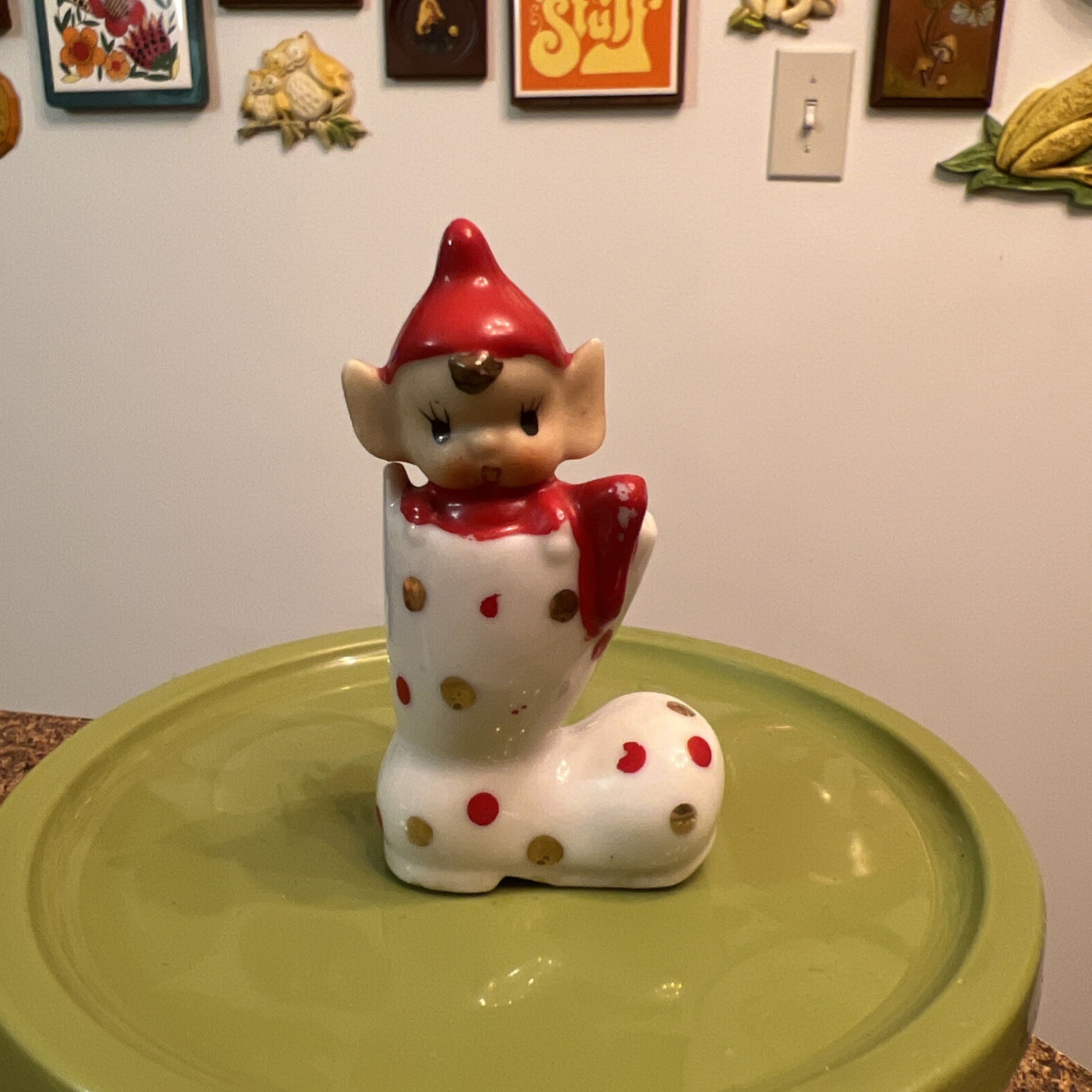 Rare Vintage Christmas Polka Dot Pixie Elf in Boot Ceramic Figurine Rare Vintage Christmas Polka Dot Pixie Elf in Boot Ceramic Figurine