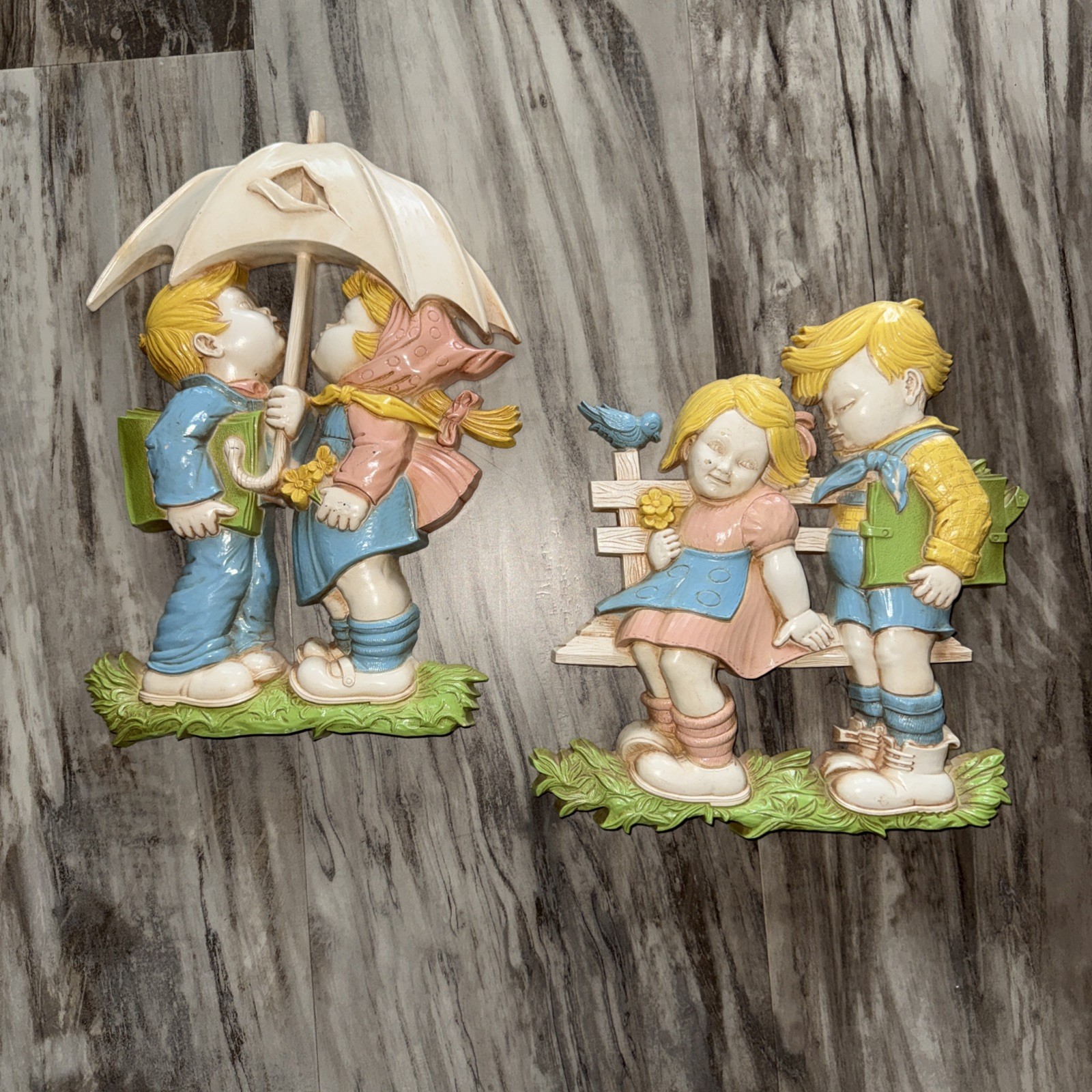 Vintage Dart Homco Set Of 2 Springtime Kids Resin Wall Art 1977 Pastel Boy Girl Vintage Dart Homco Set Of 2 Springtime Kids Resin Wall Art 1977 Pastel Boy Girl