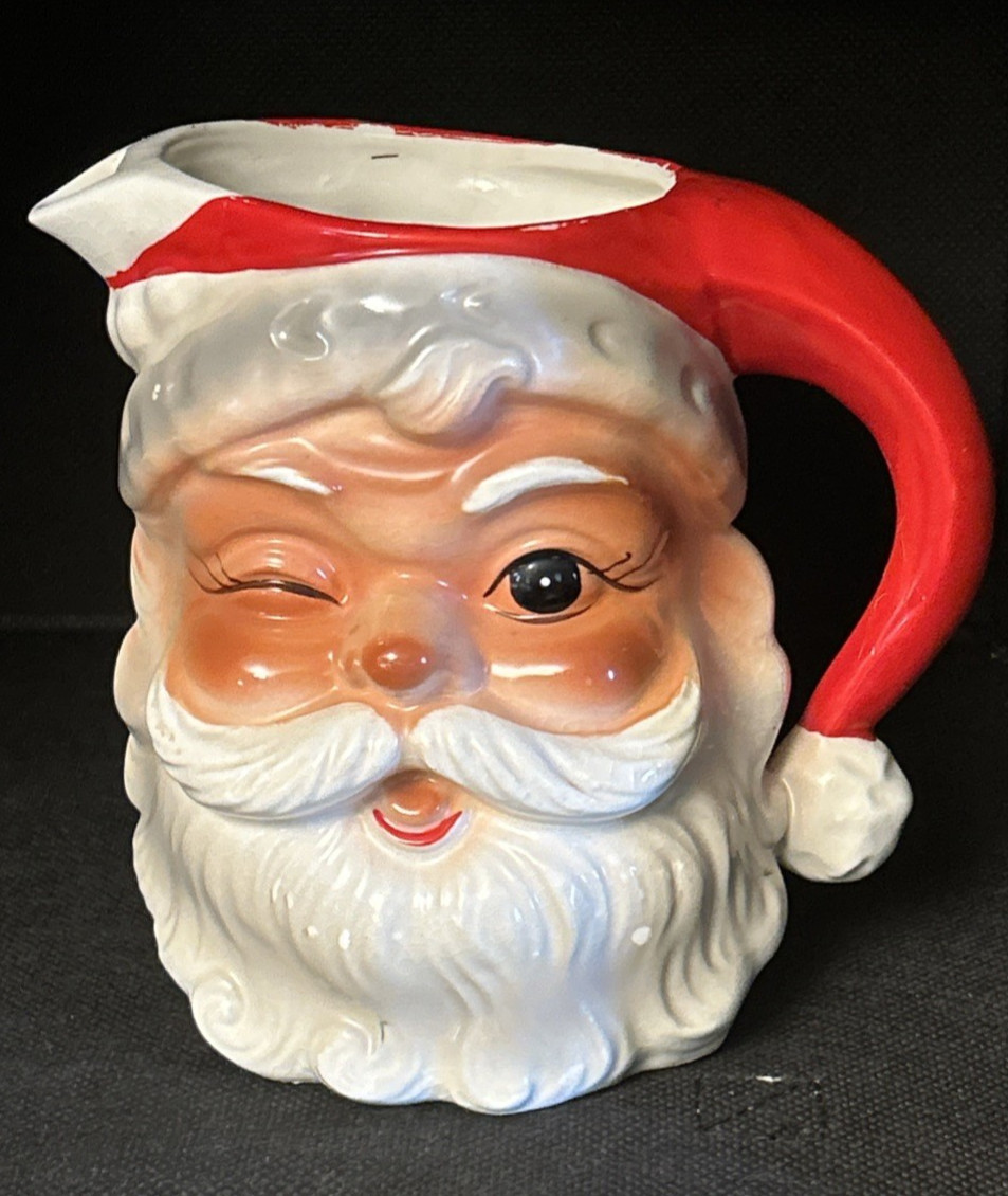 Vintage BRINN'S 24 oz  winking Santa  Christmas Pitcher Japan 6