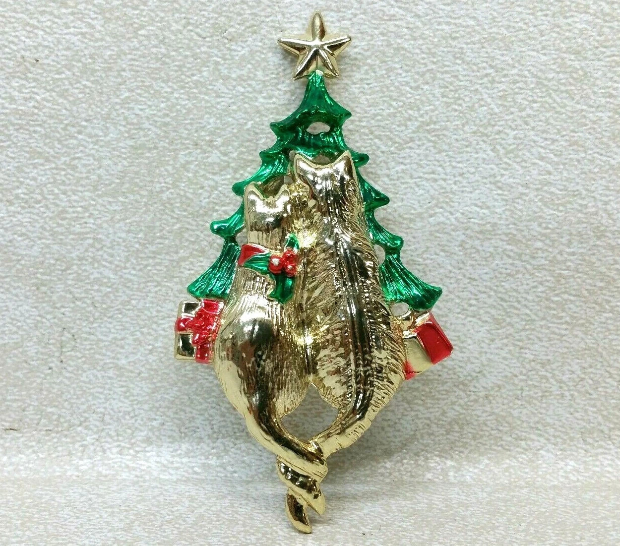 Vintage AJC Gold Tone And Enameled Cat Brooch Christmas Theme