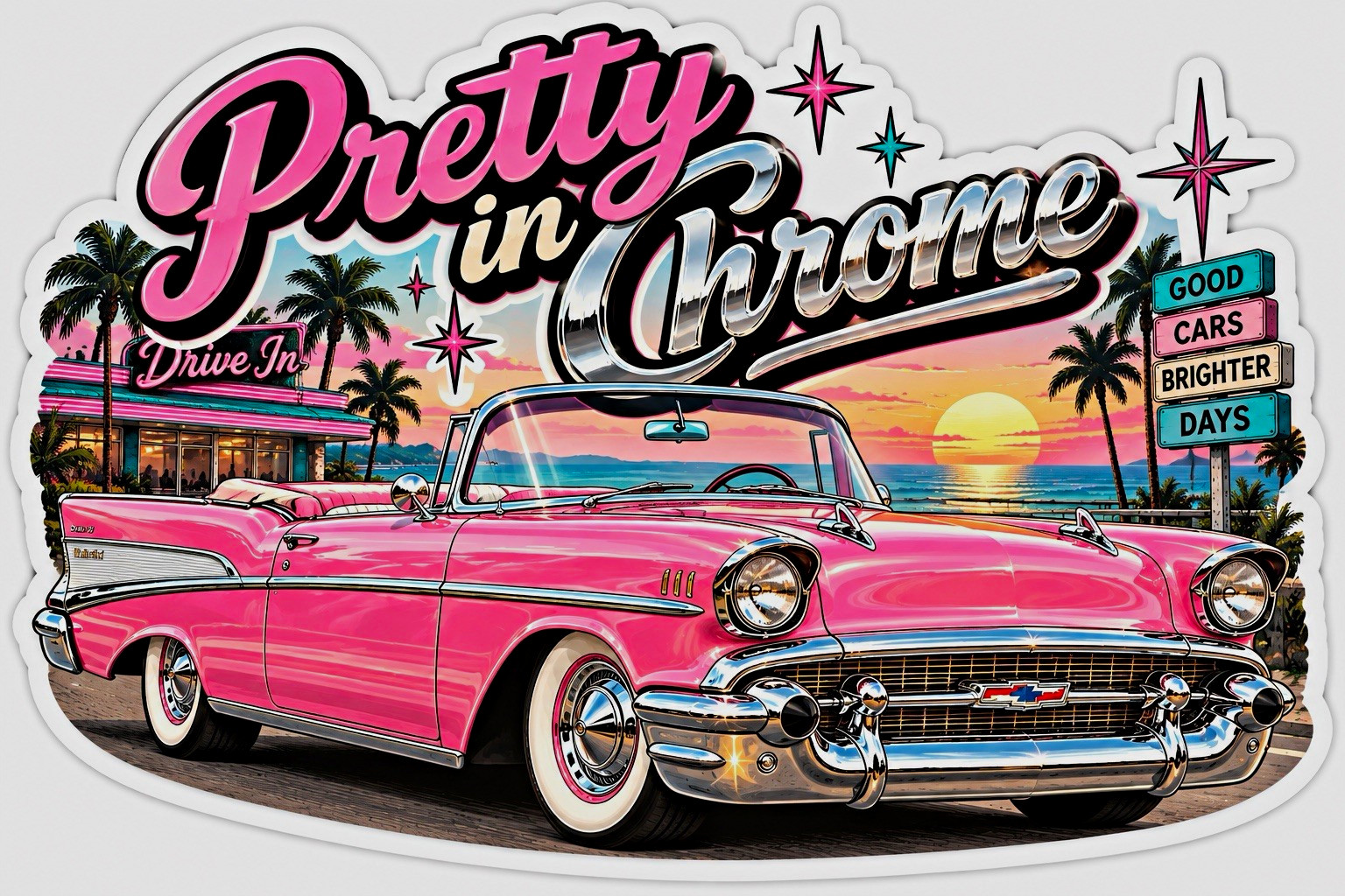 Pretty in Chrome 1957 Classic Car Vinyl Sticker Decal Pink Chrome Black Blue
