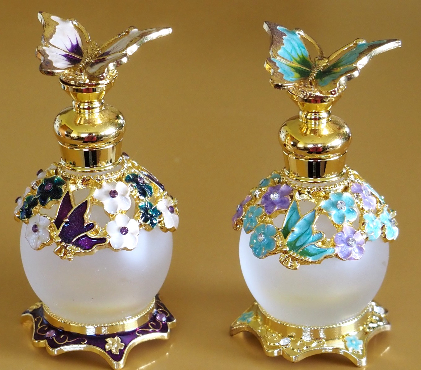 Pair Butterfly Perfume Bottles Refillable, Elegant, Beautiful.  Green & Purple.
