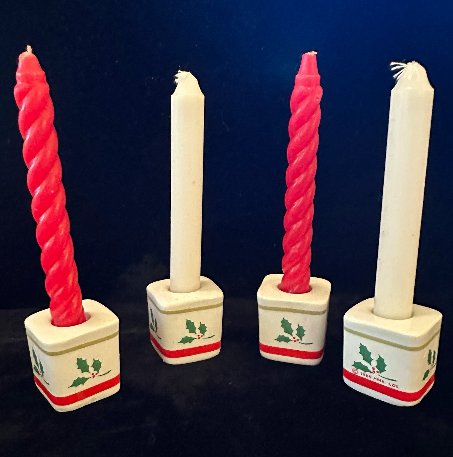 Vintage 1989 Hallmark Holly Christmas Candle Holders Set 4 w Candles XHC135