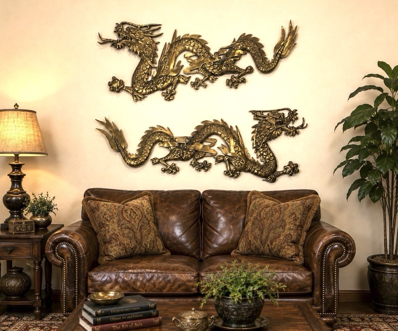 MCM Pair Dragon Brass Wall Hanging Figures 31” x 12” Large
