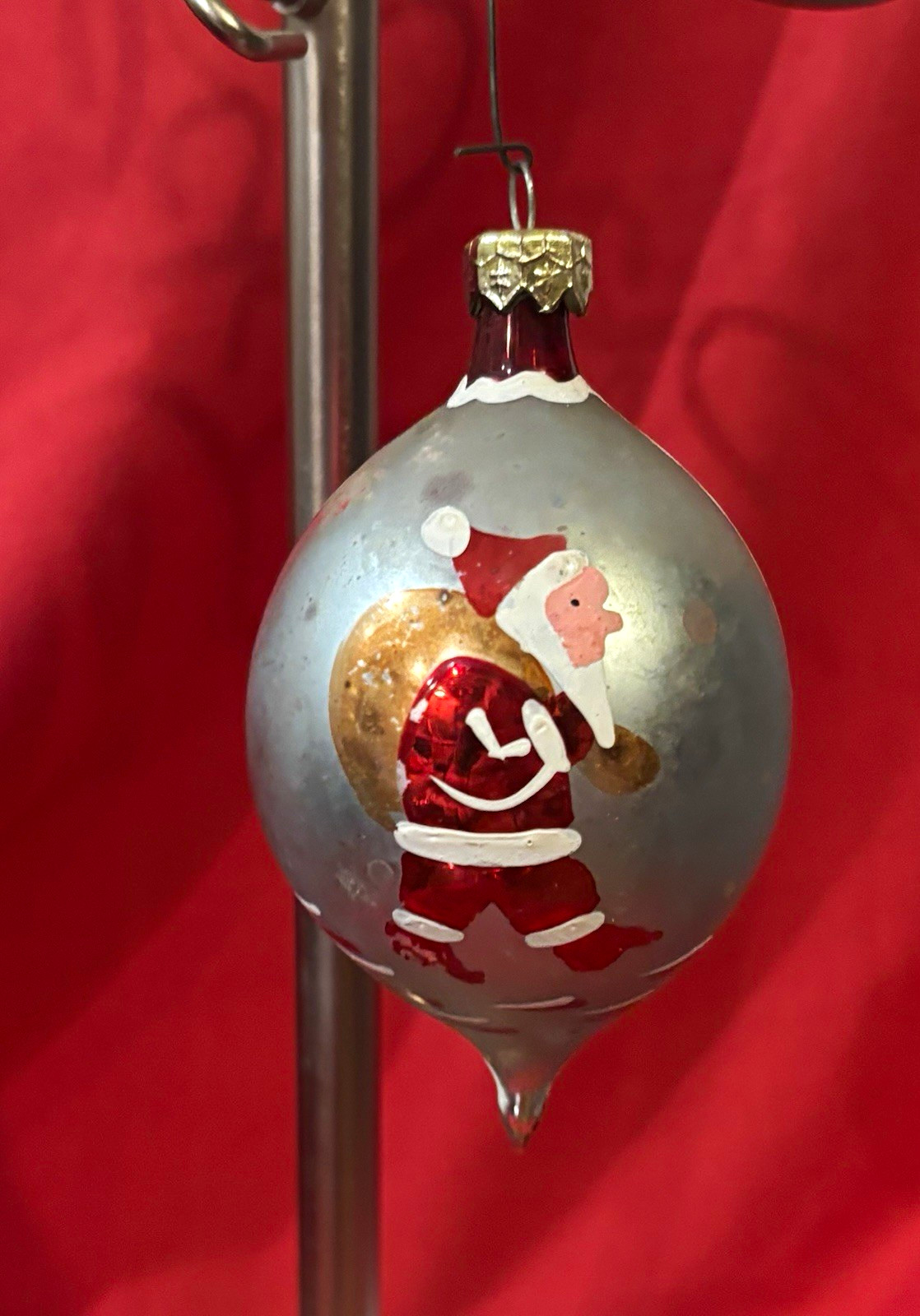 Vintage hand painted glass Santa teardrop ornament 